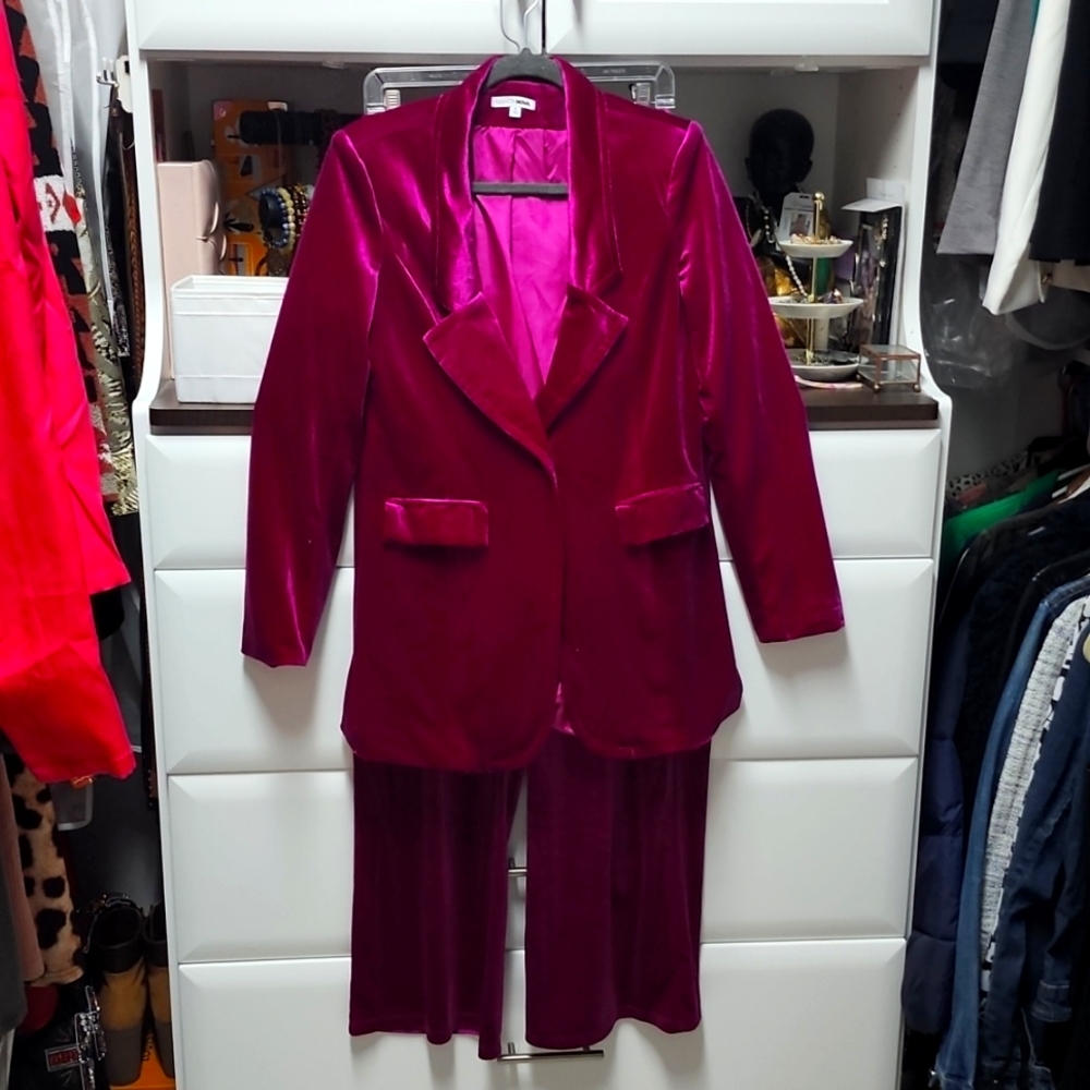 Deep fusha velvet pant suit.